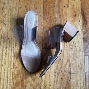Schutz Clear & Nude Block Heel Slip On Sandals Size 7